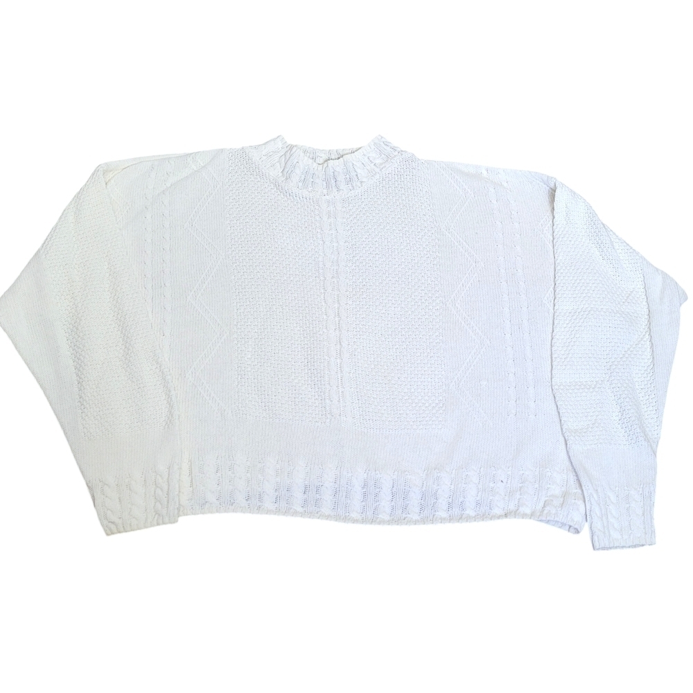 Vintage White Cropped Textured Knit Sweater